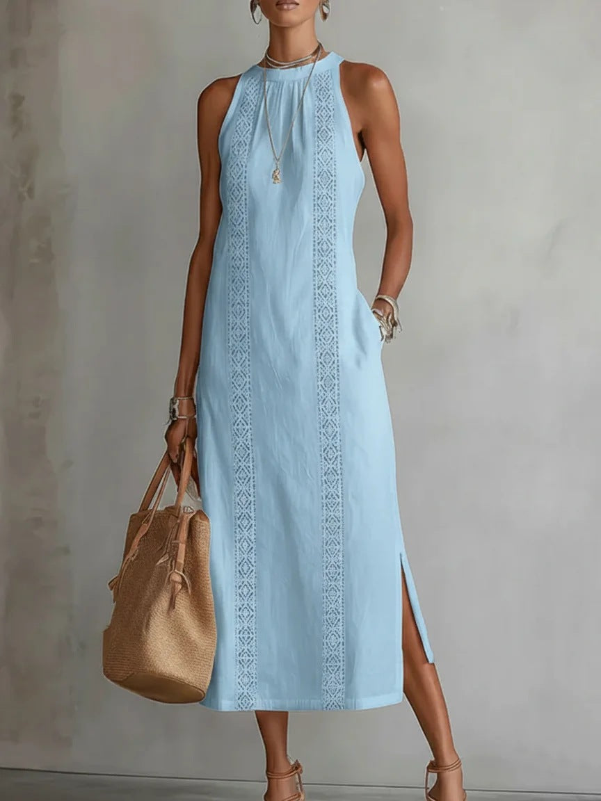 Damen Elegantes Sommer-Maxi-Kleid mit Spitzenapplikation und seitlichem Schlitz Heidi-Mode