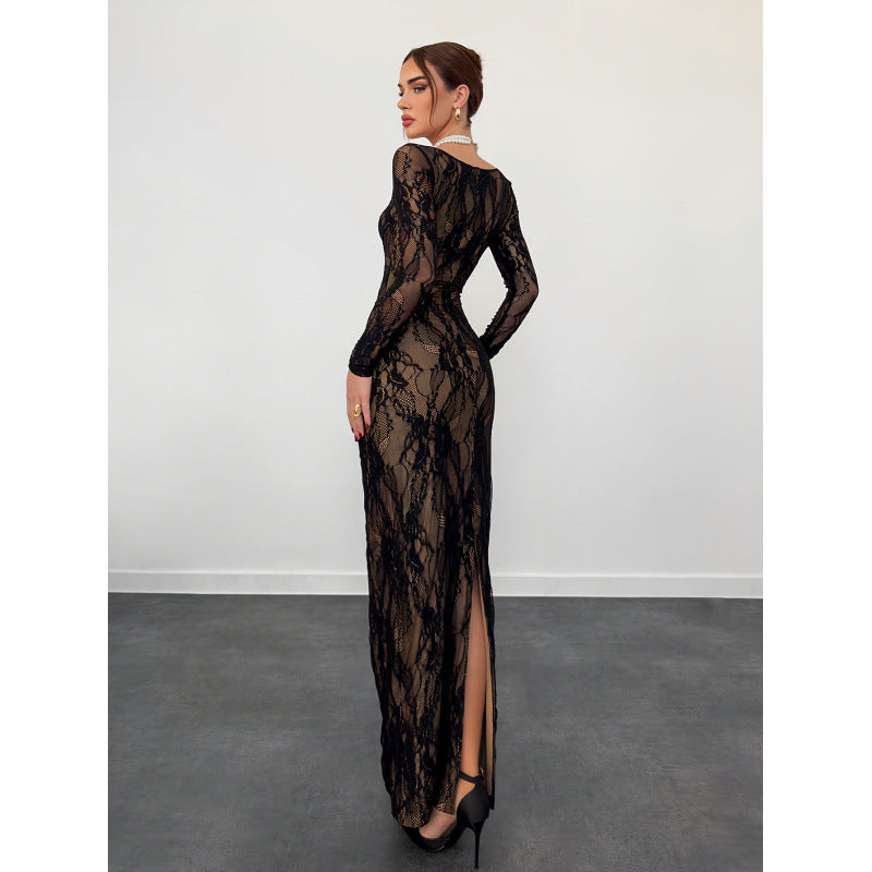 Damen Elegantes Spitzenkleid mit tiefem Rückenausschnitt und transparenten Ärmeln R&B