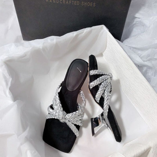 Damen elegante Mules mit geflochtenen Riemen R&B