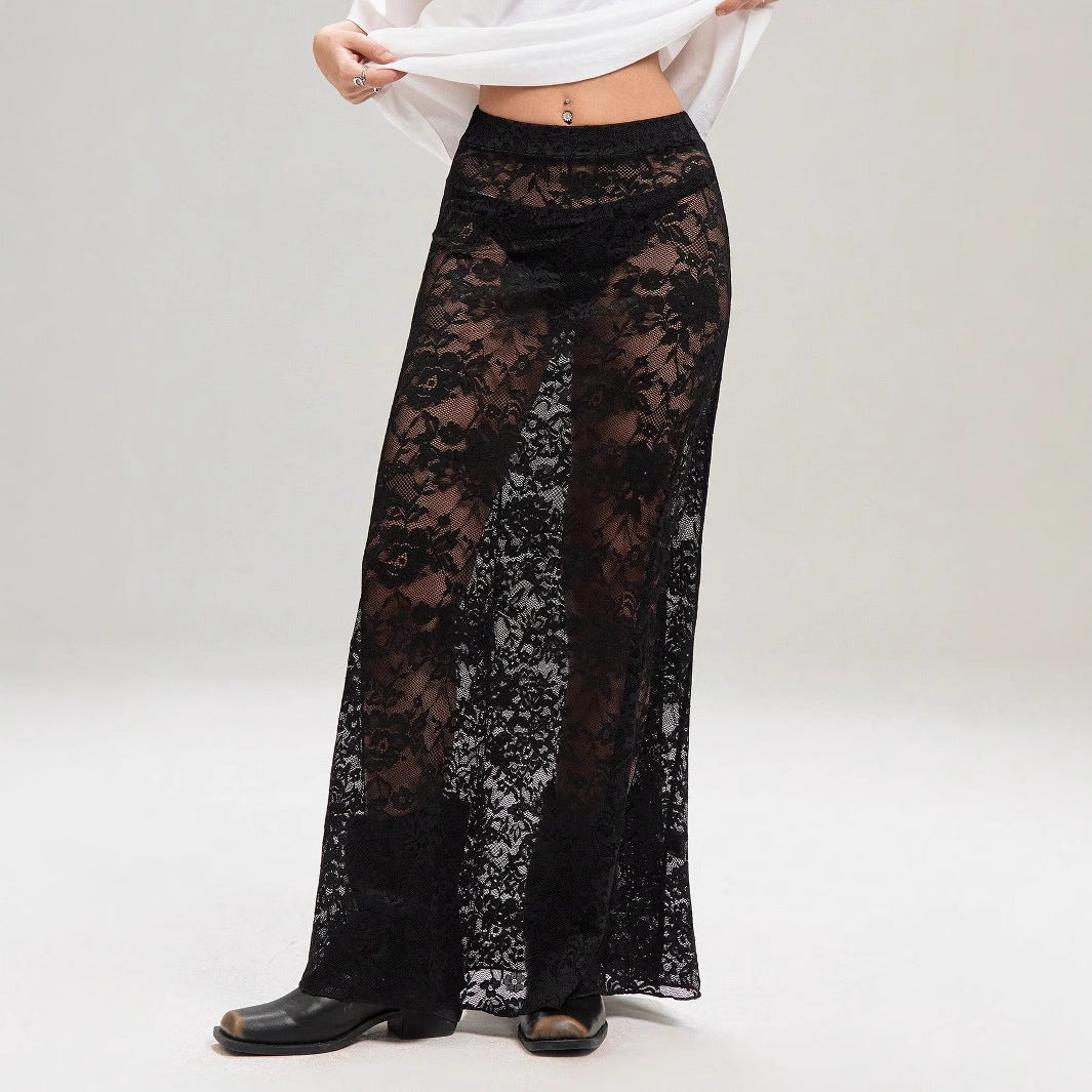Damen nan weites Baumwollshirt und langer transparenter Spitzenrock R&B