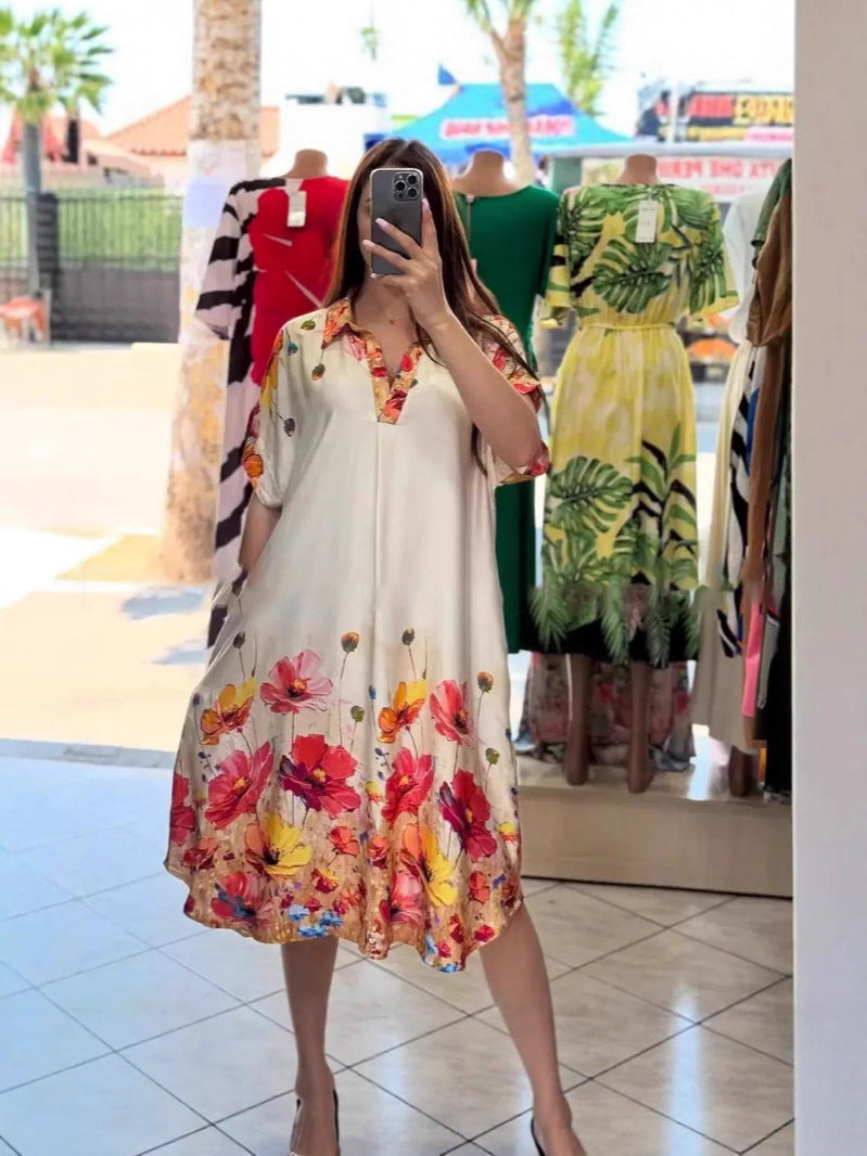 Damen nan leichtes Hemdblusenkleid mit floralem Bordürenprint, offenem V‑Ausschnitt und Einschubtaschen R&B