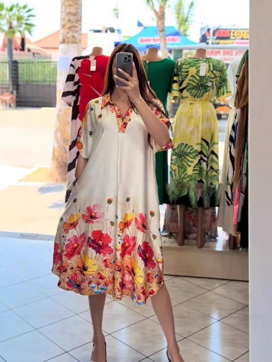 Damen nan leichtes Hemdblusenkleid mit floralem Bordürenprint, offenem V‑Ausschnitt und Einschubtaschen R&B