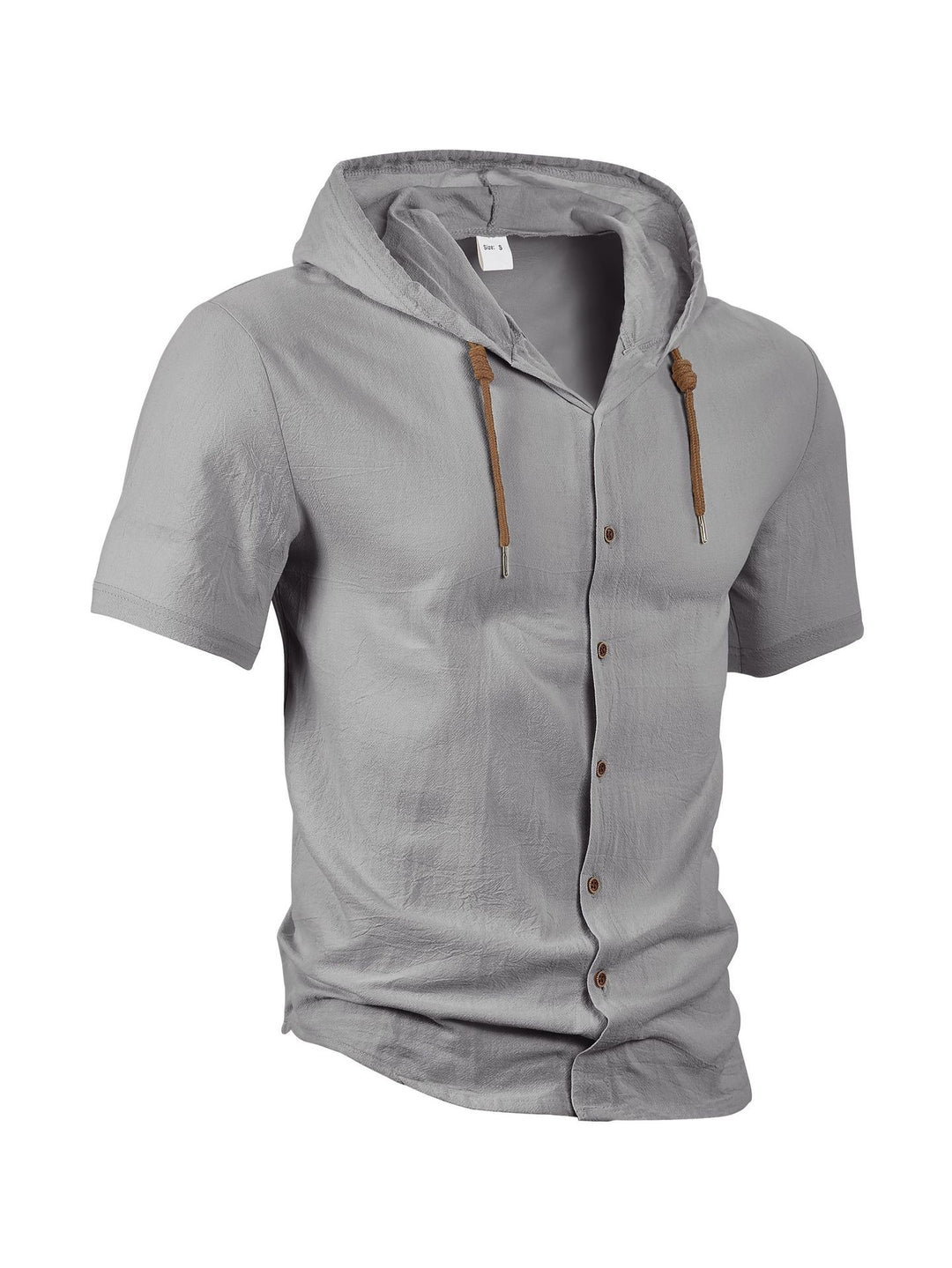 Herren nan tailliertes Kurzarm-Kapuzenshirt in Struktur-Leinenoptik mit Holzoptikknöpfen und Kordel R&B