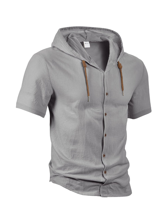 Herren nan tailliertes Kurzarm-Kapuzenshirt in Struktur-Leinenoptik mit Holzoptikknöpfen und Kordel R&B