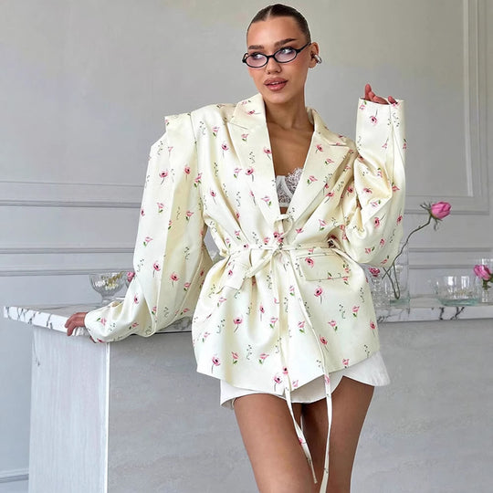 Damen elegante Blazerjacke mit floralem Design und Taillengürtel R&B