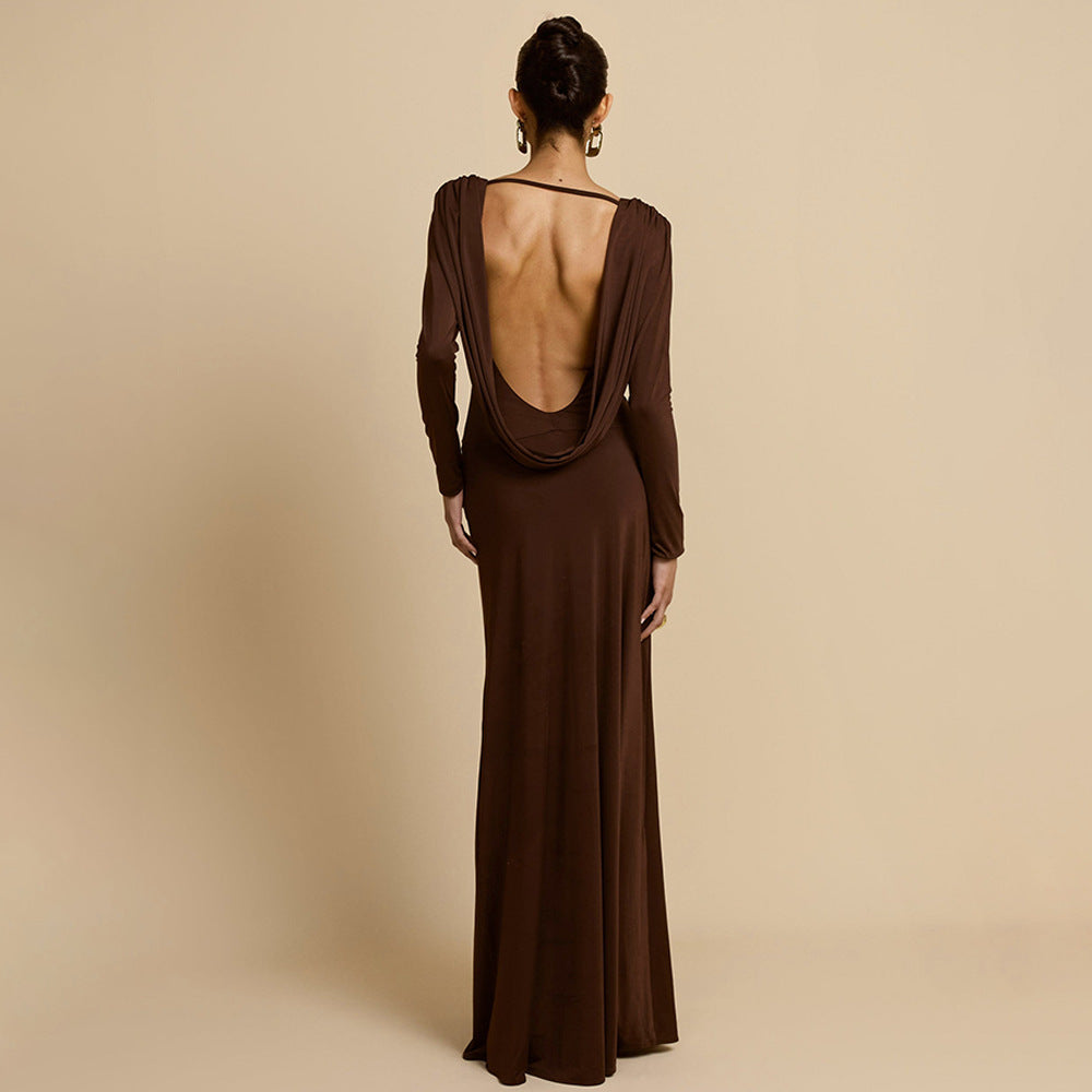 Damen Elegantes Maxikleid mit tiefem V-Ausschnitt und langen Ärmeln R&B