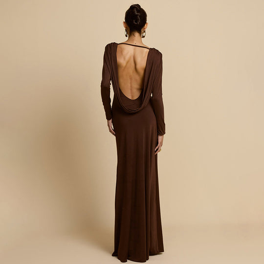 Damen Elegantes Maxikleid mit tiefem V-Ausschnitt und langen Ärmeln R&B