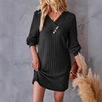 Damen Röhrenkleid mit elegantem V-Ausschnitt und dekorativen Knöpfen R&B