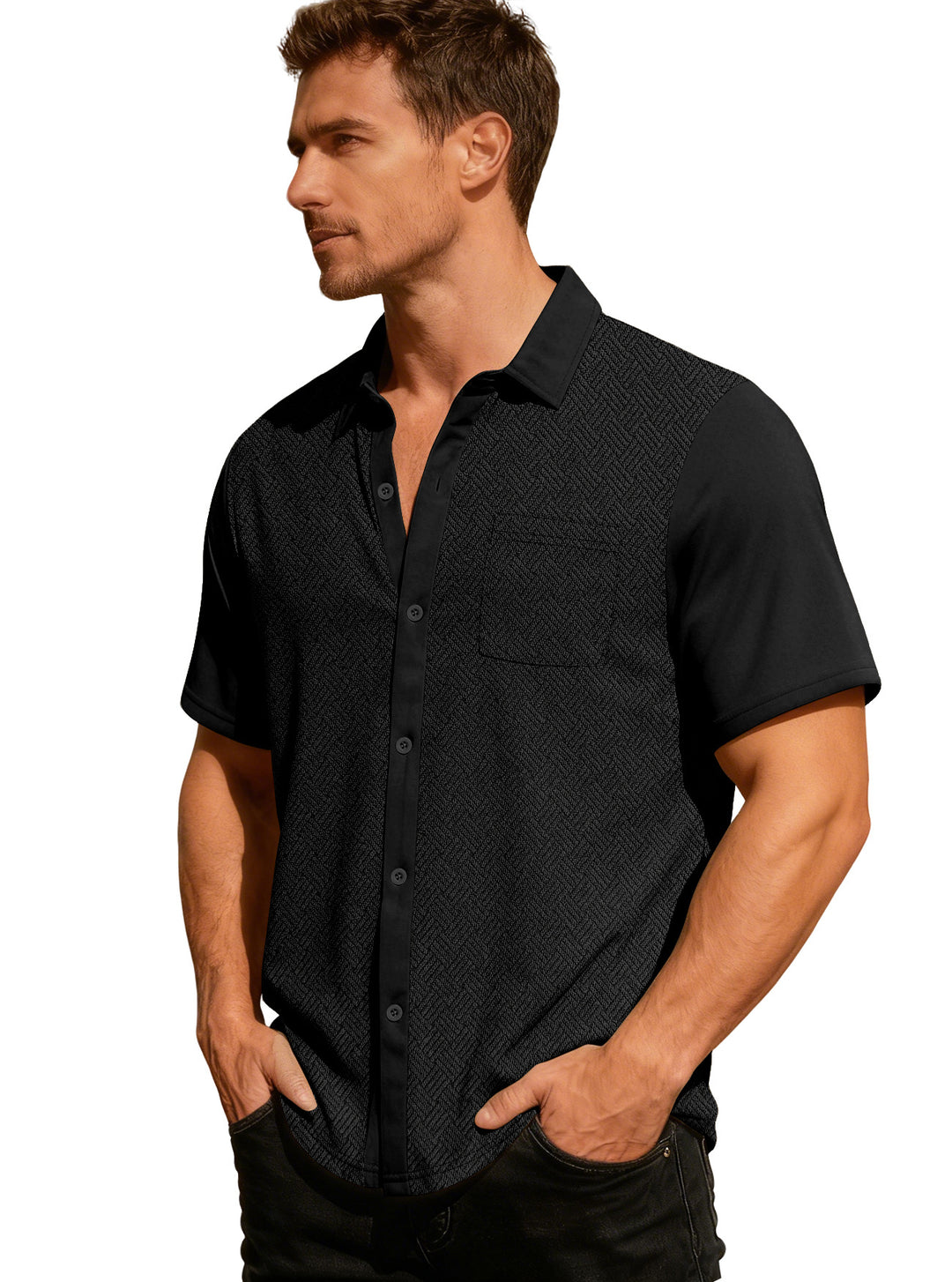 Herren nan legeres Kurzarmhemd mit Jacquardstruktur, kontrastierter Knopfleiste und Brusttasche R&B