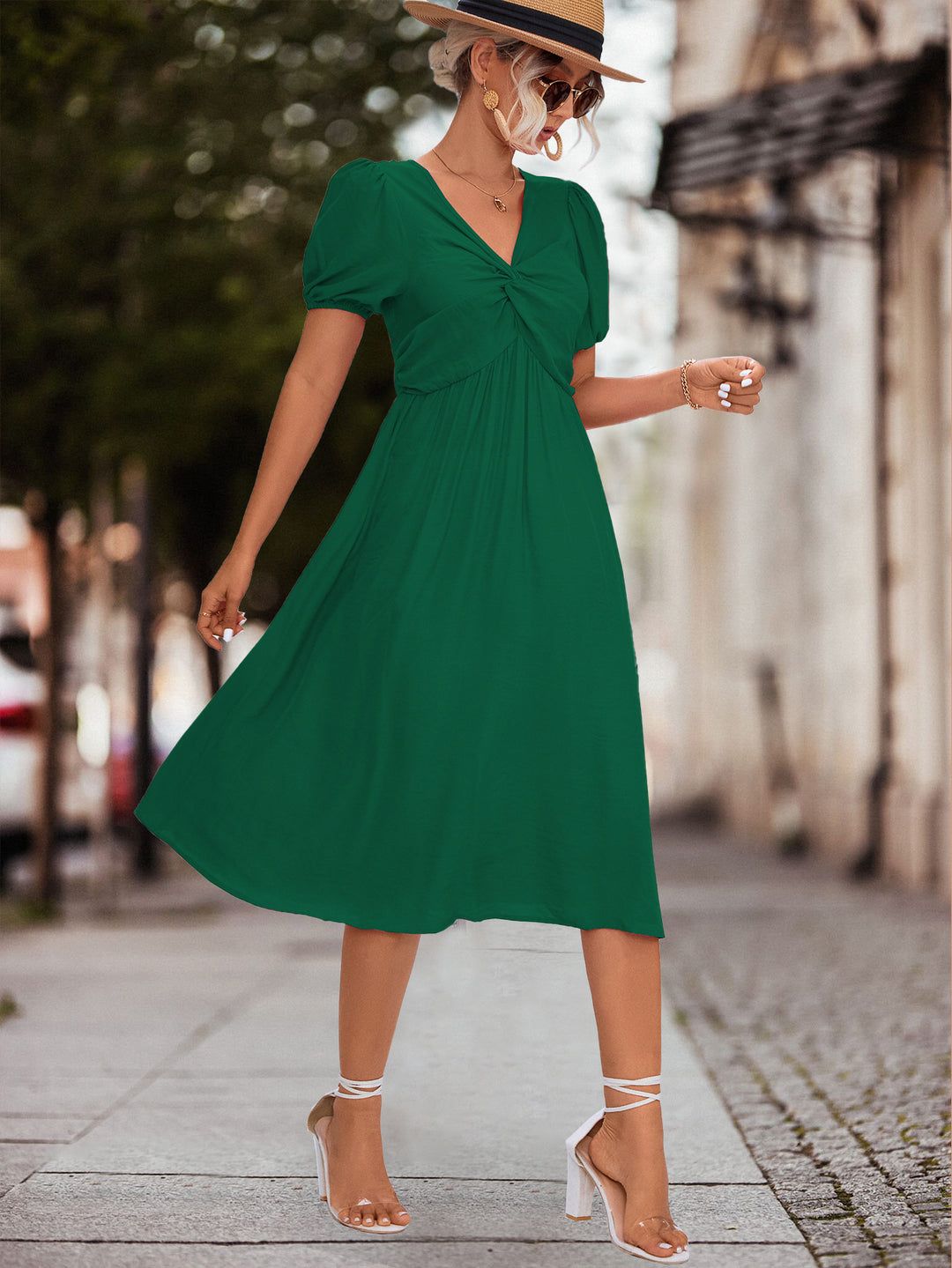 Damen Midikleid mit eleganter Raffung und voluminösen Puffärmeln R&B