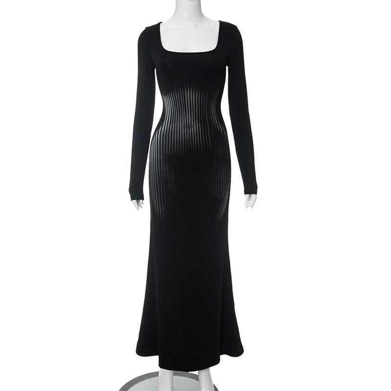 Damen Elegantes Maxikleid mit wellenförmigem Design und langen Ärmeln R&B