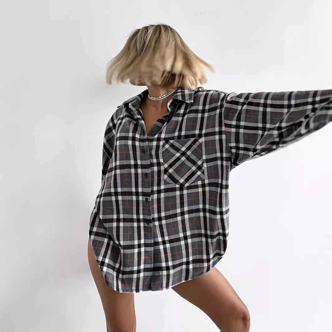 Damen lässige Flanell-Hemdbluse mit Übergröße und Karomuster R&B