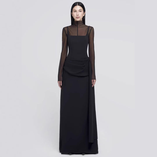 Damen Elegantes Maxikleid mit transparenten Ärmeln und drapiertem Rock R&B