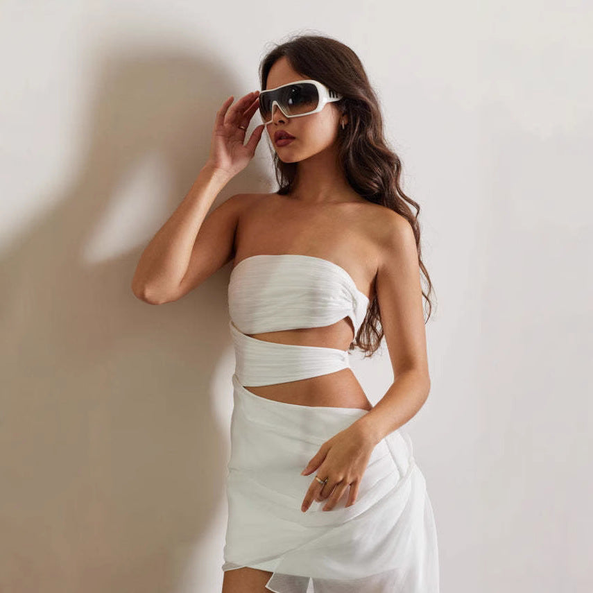 Damen trägerloses Wickelkleid mit Schnittdetails R&B