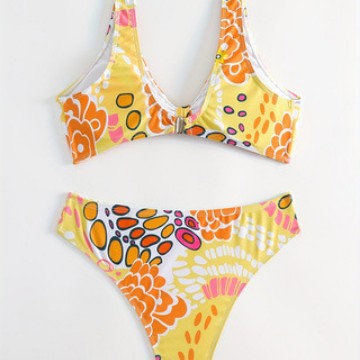 Damen Crop-Bikini mit floralem Knötchen-Design R&B
