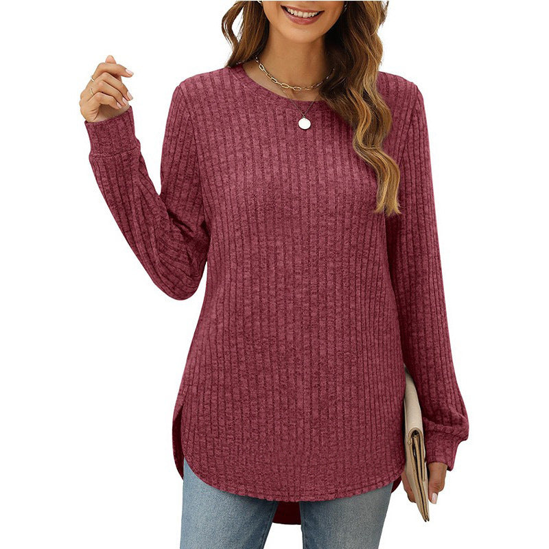 Damen lässiges Langarmshirt mit Rippstruktur und seitlichen Schlitzen R&B