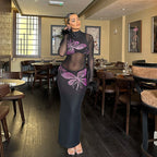 Damen Transparente Maxikleid mit floralem Motiv und hochgeschlossenem Design
