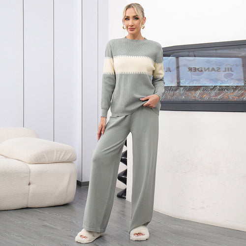 Damen gemütliches Strick-Loungewear-Set mit elegantem Strukturmuster und weitem Bein R&B