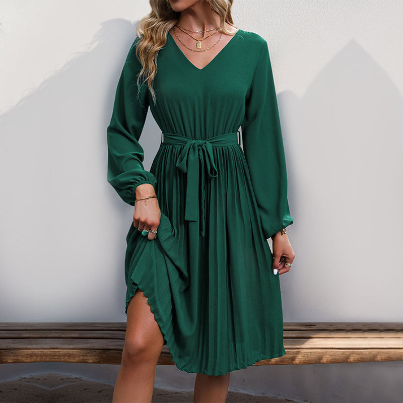 Damen Plissiertes Wickelkleid mit Taillengürtel und langen Ärmeln R&B