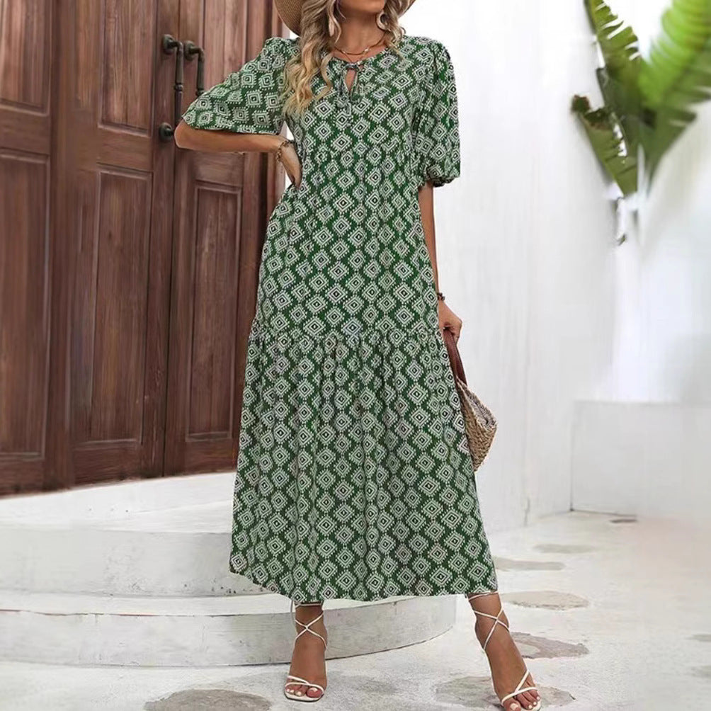 Damen nan luftiges Maxikleid mit geometrischem Ethno-Print, gerafftem Stufenrock und Schlüssel-Ausschnitt R&B