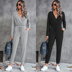 Damen Lässiger Langarm-Jumpsuit mit Wickeloberteil und elastischem Bund R&B