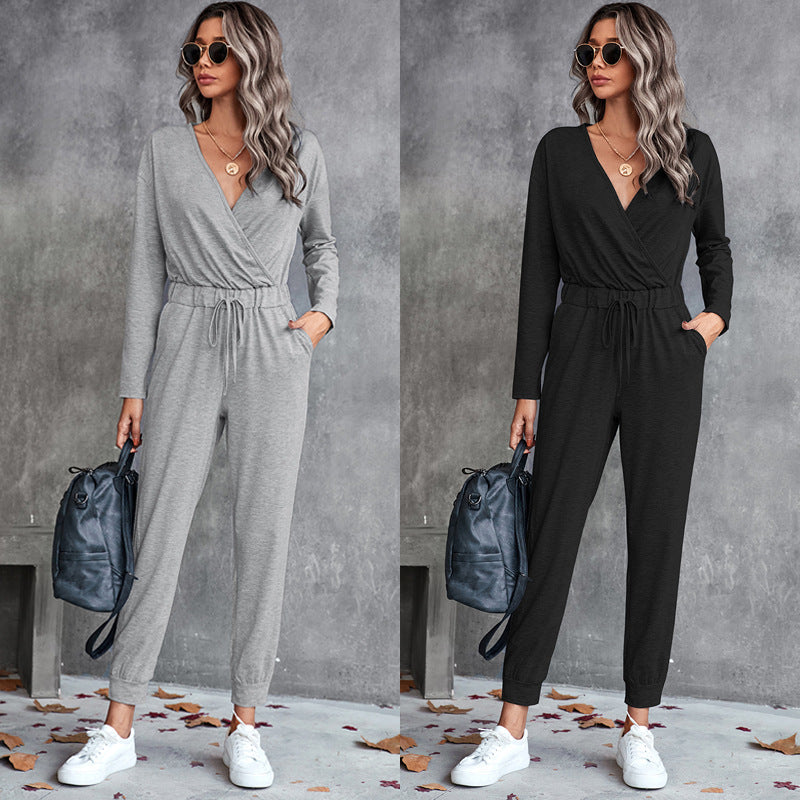 Damen Lässiger Langarm-Jumpsuit mit Wickeloberteil und elastischem Bund R&B