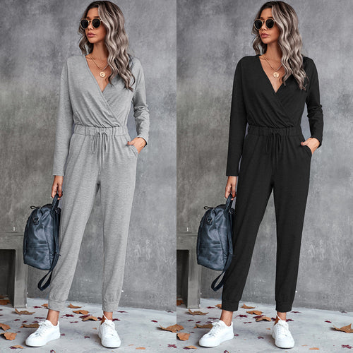 Damen Lässiger Langarm-Jumpsuit mit Wickeloberteil und elastischem Bund R&B