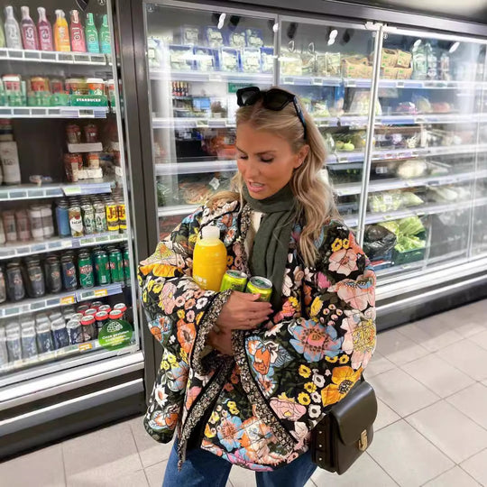 Damen gestepptes Blütenmuster Jacke R&B