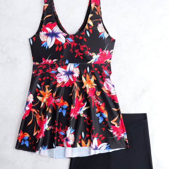 Damen Badeanzug mit höhenverstellbarem Kordelzug und floralem Design R&B