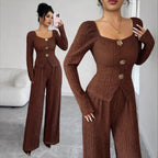 Damen nan tailliertes Blusen- und Hosen-Set aus Crinkle-Plissee mit Puffärmeln und Zierknöpfen R&B