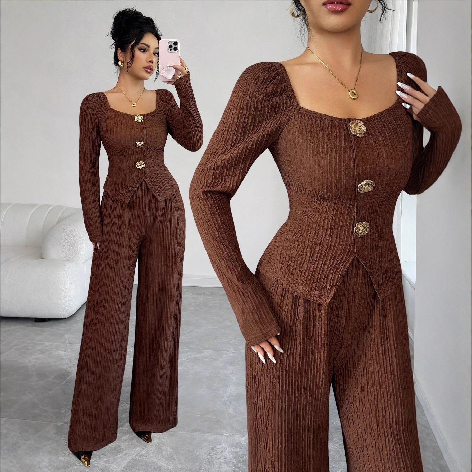 Damen nan tailliertes Blusen- und Hosen-Set aus Crinkle-Plissee mit Puffärmeln und Zierknöpfen R&B