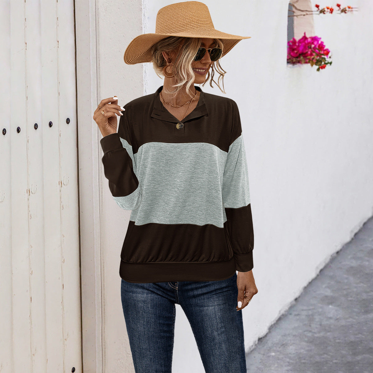 Damen lässiger Pullover mit stilvollem Kragen und Knopfdetail R&B