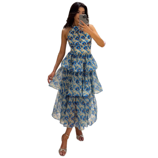 Damen Maxikleid mit transparenten Schichten und floralem Design R&B