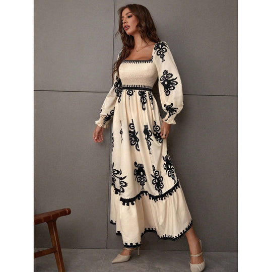 Damen Maxikleid mit Puffärmeln und elegantem Stickmuster R&B