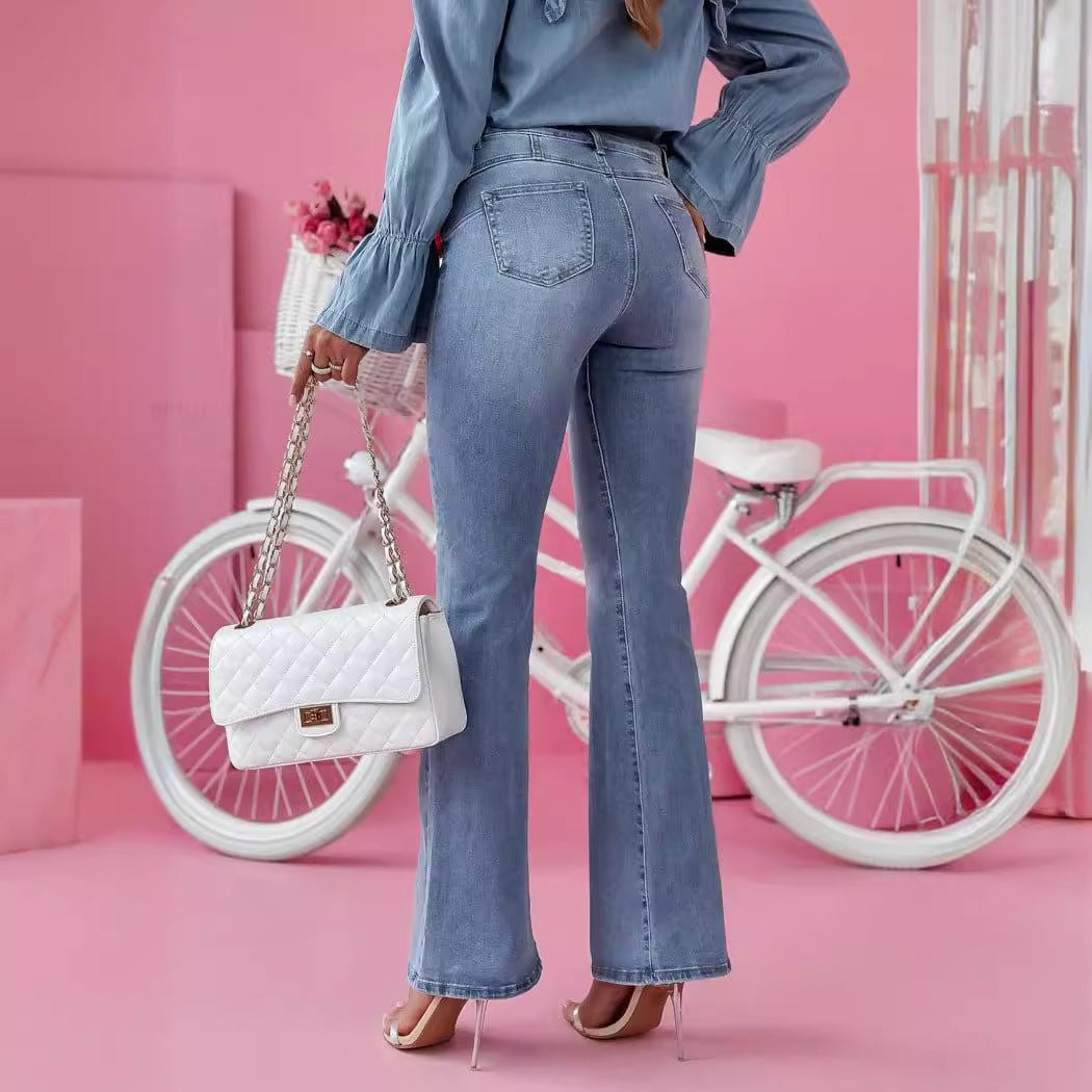 Damen Denim Hemd mit Rüschen und Schleifen-Details R&B