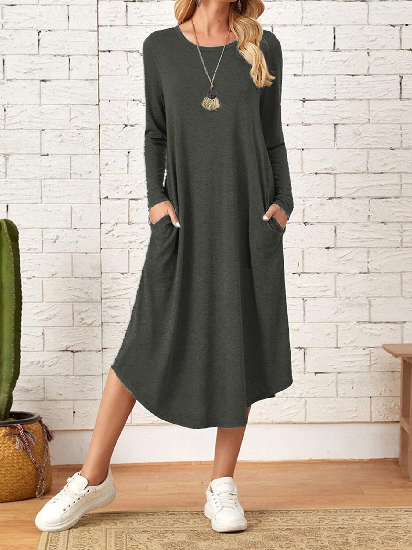 Damen Freizeit-Maxikleid mit praktischen Taschen und lockerem Schnitt R&B