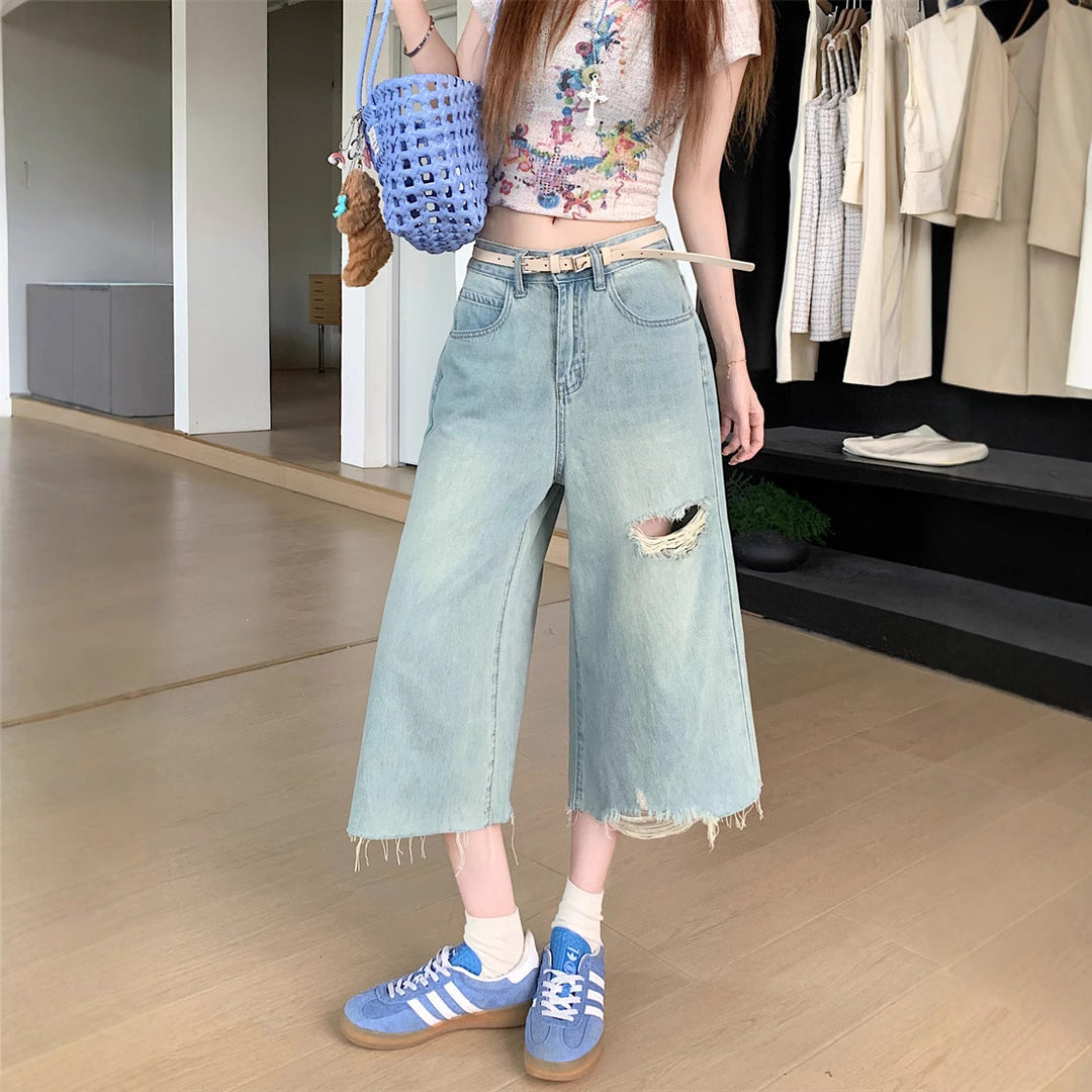 Damen Weite Denim-Hosen mit Rissdetails R&B