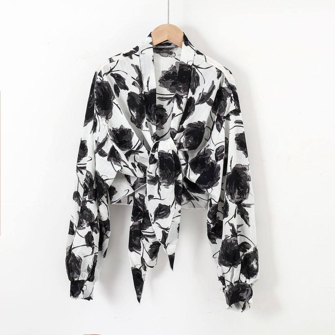 Damen nan florale Knoten-Bluse im Wickelstil mit Ballonärmeln und leichter Leinenoptik R&B