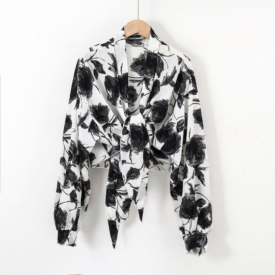 Damen nan florale Knoten-Bluse im Wickelstil mit Ballonärmeln und leichter Leinenoptik R&B
