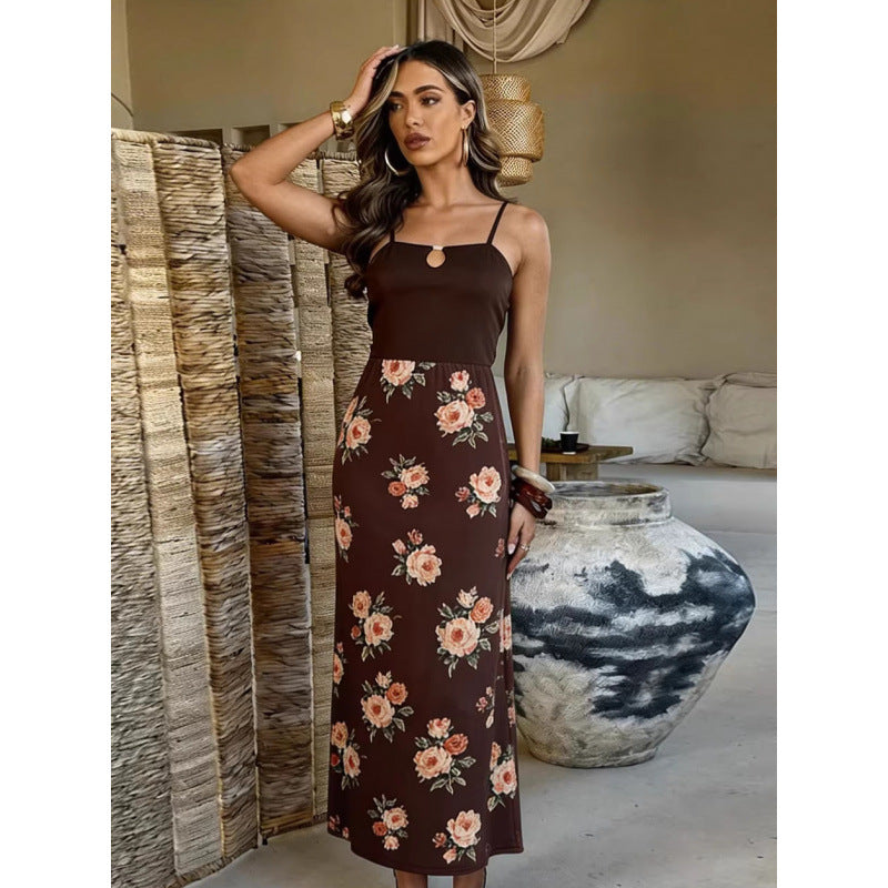 Damen Maxi-Kleid mit modischem Blumenmuster und schmalen Spaghettiträgern R&B