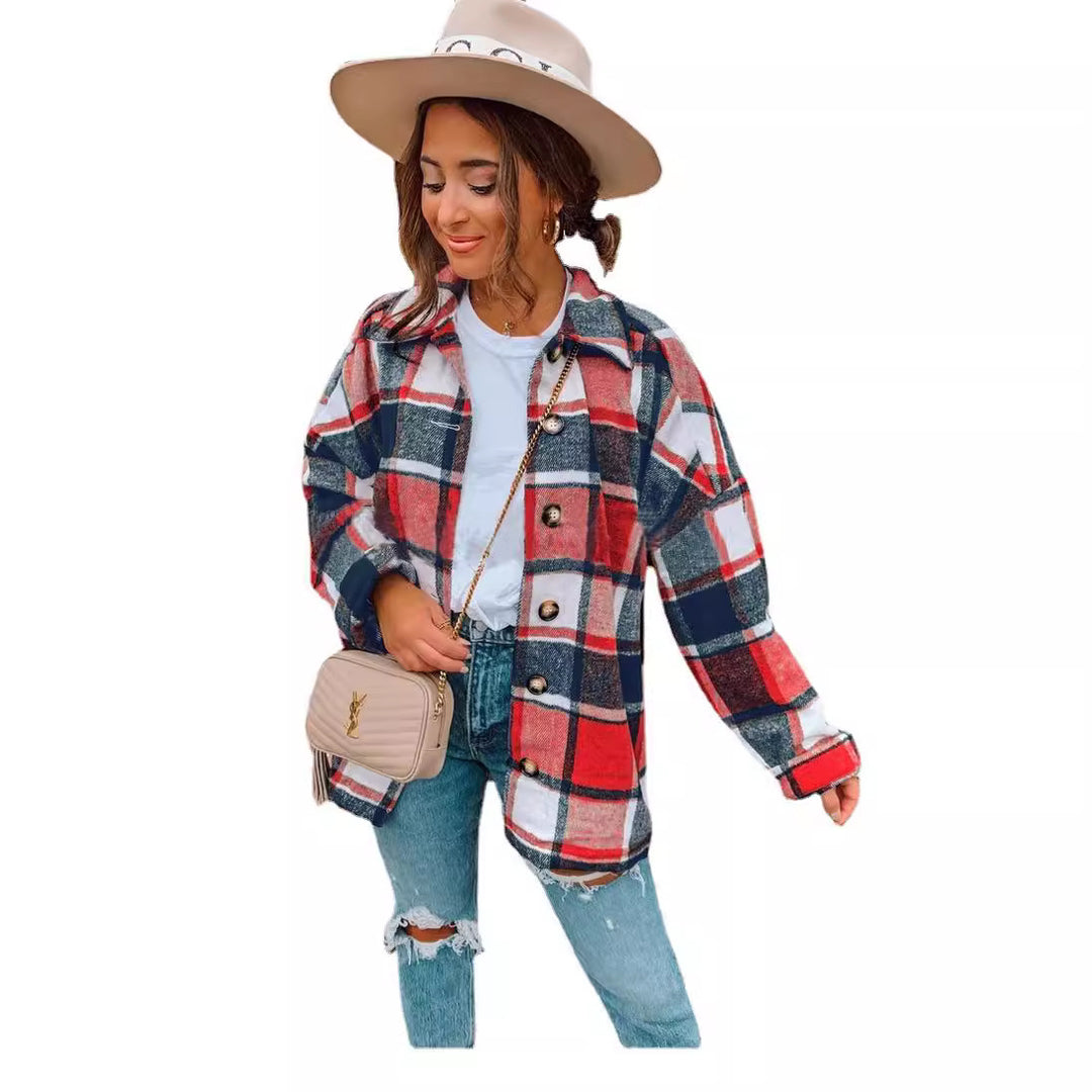 Damen lässige karierte Flanelljacke mit Knopfdetails R&B