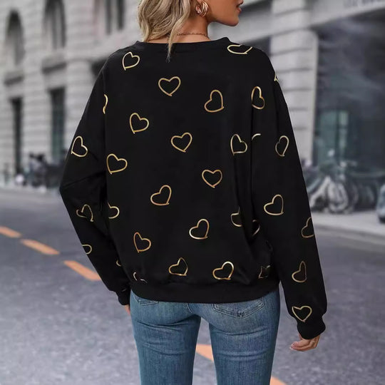 Damen nan lockeres Herzprint-Sweatshirt mit Rundhalsausschnitt und Rippbündchen R&B