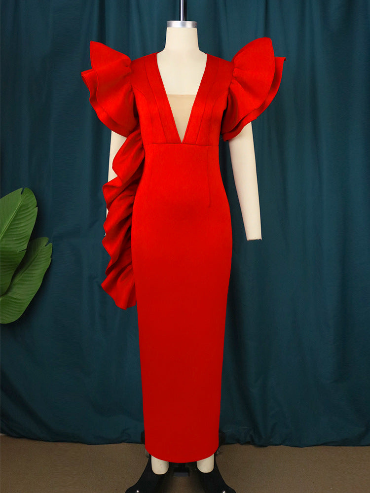 Damen figurumspielendes Abendkleid mit voluminösen Rüschenärmeln R&B