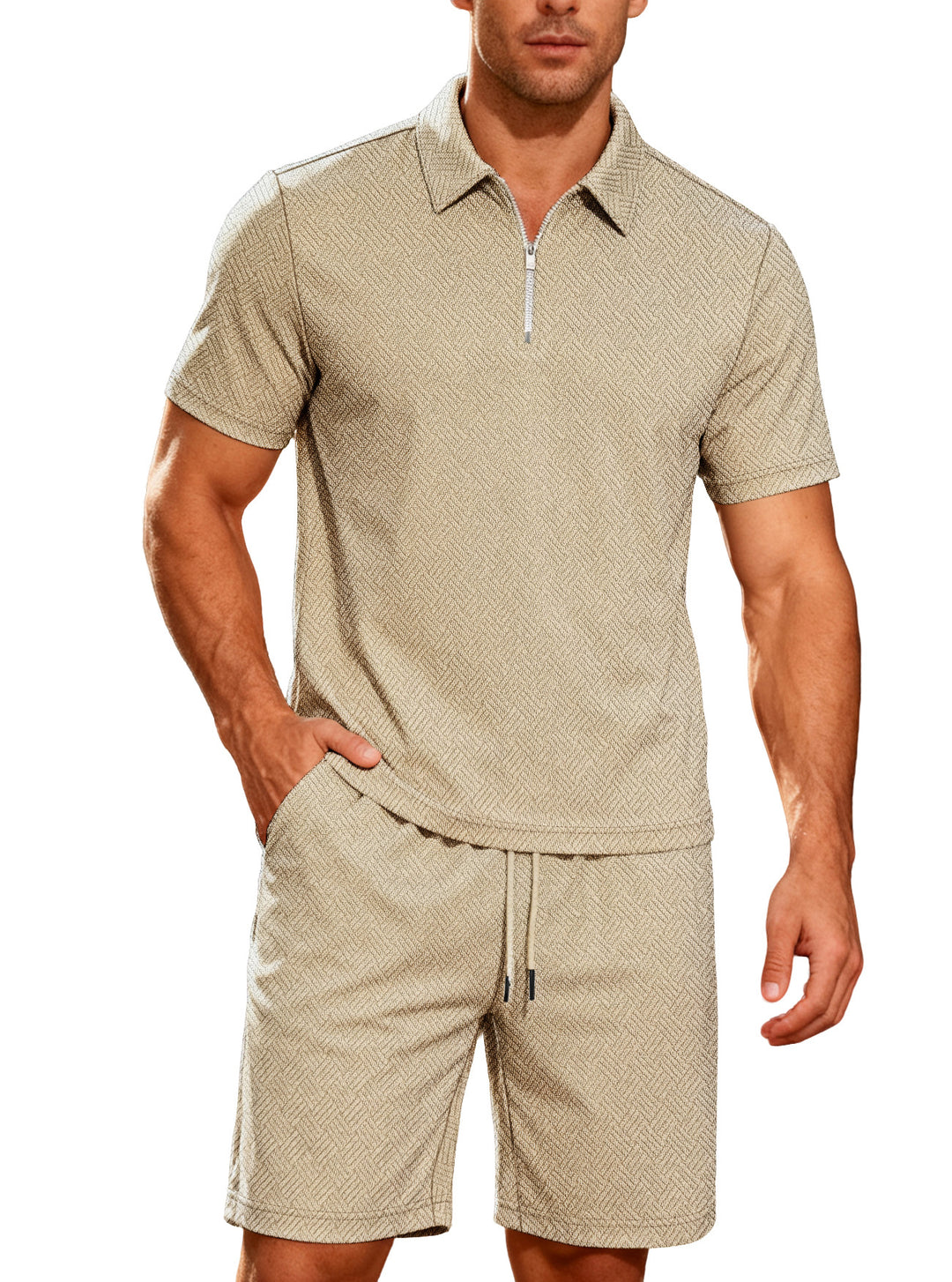 Herren nan komfortables Lounge-Zweiteiler aus strukturierter Baumwollmischung mit Halbzip-Poloshirt und Kordel-Shorts R&B