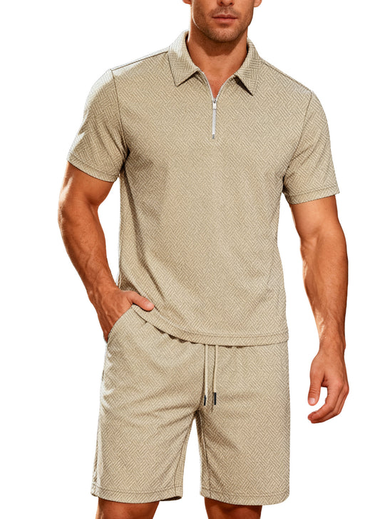 Herren nan komfortables Lounge-Zweiteiler aus strukturierter Baumwollmischung mit Halbzip-Poloshirt und Kordel-Shorts R&B