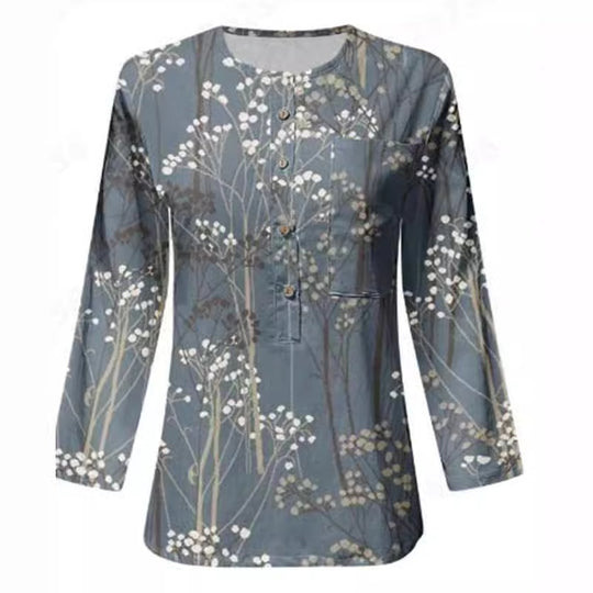 Damen Lange Ärmel Bluse mit Knopfleiste und Blumenmuster R&B