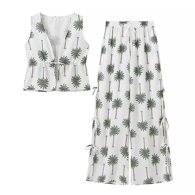 Damen Palazzo-Hose mit floralem Palmbaum-Print und seitlichen Schnürdetails R&B