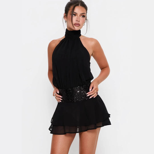 Damen Neckholder Minikleid mit glitzerndem Taillenband und voluminösen Rüschendetails R&B