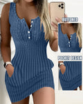 Damen Rippstrick Knopfverschluss Taschenkleid R&B