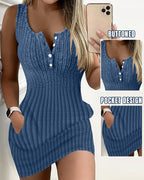 Damen Rippstrick Knopfverschluss Taschenkleid R&B